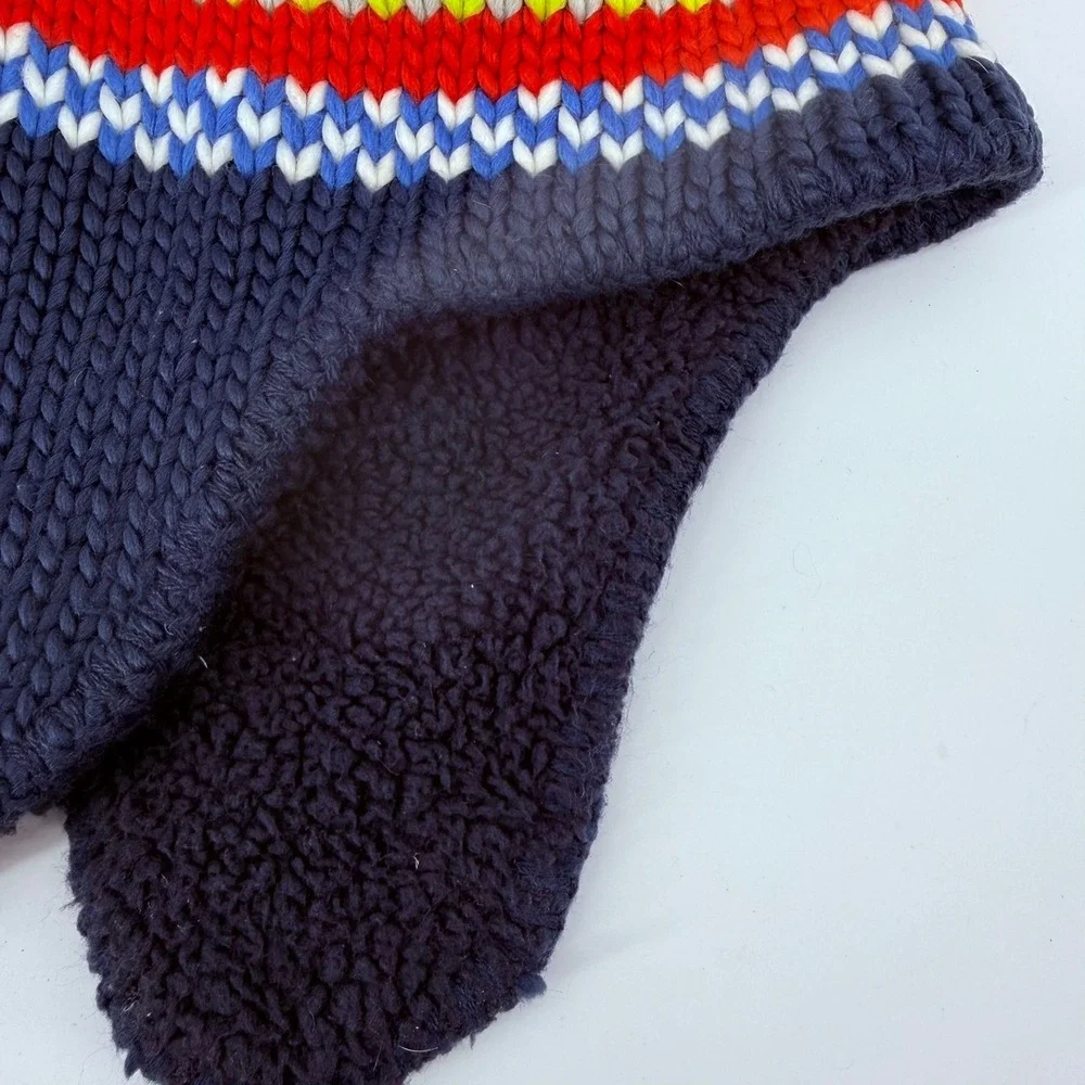 LL Bean Kids Navy Blue Striped Knit Trapper Hat Pom Pom Fleece Lined Small / Med